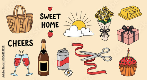 A festive picnic setup with gifts and drinks outdoors on a sunny day