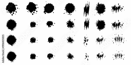 Abstract arrangement of irregular black ink blots on a white background
