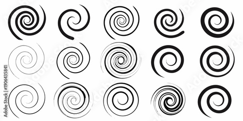 A collection of black and white spiral shapes arranged in a grid