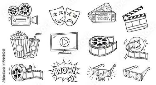 A film set with various movie-making elements and tools on display