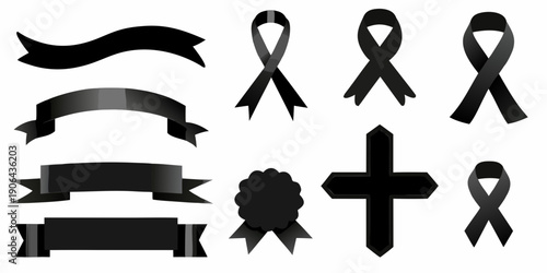 Collection of black ribbons banners and a cross symbol on white background