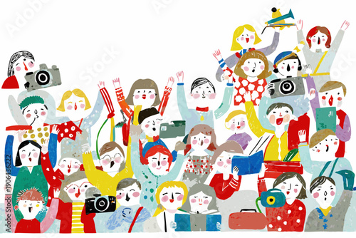 A cheerful crowd of people waving and taking pictures together