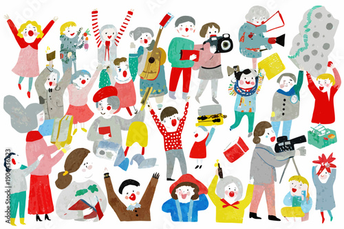A colorful illustration depicting a lively crowd of people celebrating
