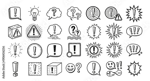 Exclamation marks and question symbols illustrated in various forms and expressions on a white background.