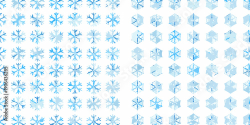 A collection of varying snowflake designs in shades of light blue