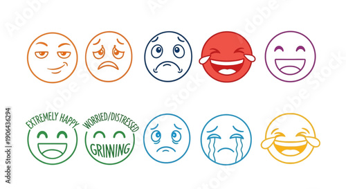 Colorful emoticon faces express various emotions on white