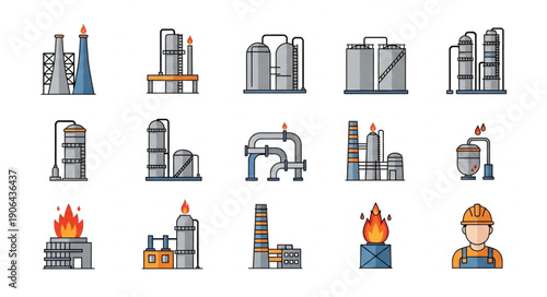 Collection of Industrial Factory and Refinery Icons.