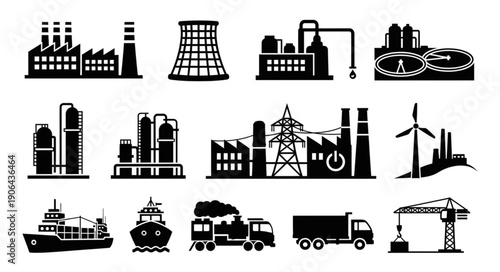 Collection of industrial factory and transportation icons.