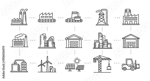 Collection of industrial factory and manufacturing building icons.