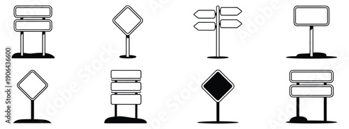 Set of black and white road signs, including arrows, directional symbols, and information signs