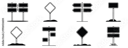 Set of black and white road signs featuring various shapes, directional arrows, and information signs in modern style, perfect for traffic design