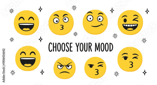 A vibrant digital illustration of various emoticon faces expressing different emotions with the text 'CHOOSE YOUR MOOD' in a playful, graphic design.