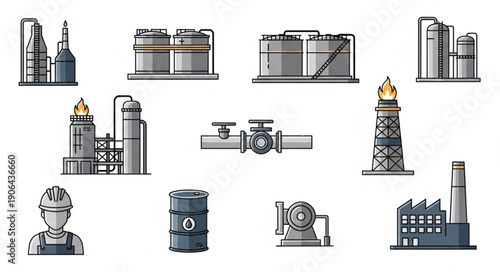Collection of industrial factory and oil refinery icons.