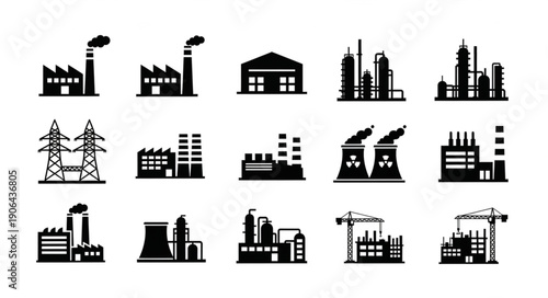 Collection of industrial factory and power plant icons.