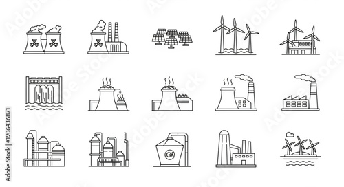 Collection of Industrial Factory and Power Plant Icons.