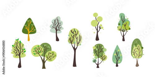 set of tree vector and leaf collection hand drawn flat design vector element for landscape design.