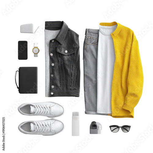 An outfit flat lay featuring casual clothing and accessories on transparent background