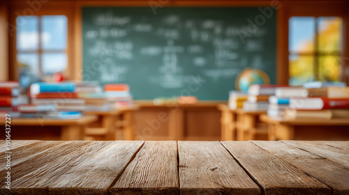 A sunny classroom scene featuring a wooden desk, shelves of books, and a chalkboard filled with educational content.