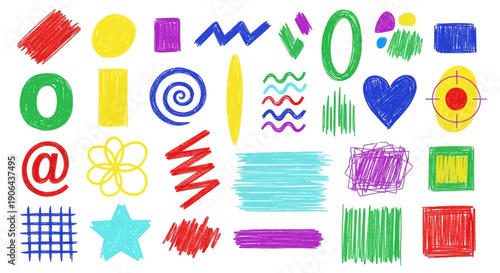 A colorful illustration of various shapes and symbols, including geometric figures, patterns, and abstract designs, drawn in a playful and creative style, showcasing a vibrant and lively artwork.