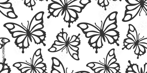 Black openwork butterflies on a white background. Monochrome endless texture with abstract decorative insect. Vector seamless pattern for wrapping paper, giftwrap, surface texture, printing on clothes
