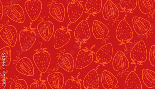 Cute seamless strawberry pattern with hand drawn outline. Fresh fruit illustration. Hand drawing. Design for fabric, packaging, label, and print