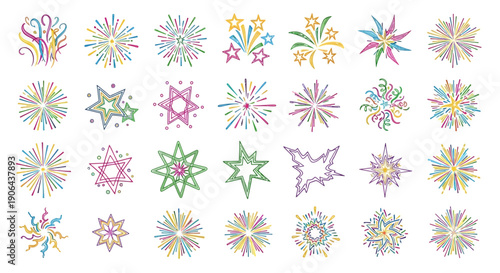 Multicolored abstract shapes resembling flowers or stars are scattered across a plain white background in a vibrant, artistic arrangement.