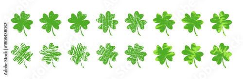 Green clover leaves with different grunge textures, isolated on a white background. Large collection of abstract, worn and scratched quatrefoils. Vector big set for St. Patrick's Day, label and print