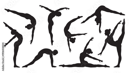 Silhouettes of gymnasts in dynamic poses, symbolizing flexibility, balance, and strength.