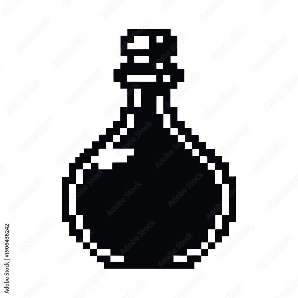 Obraz premium Minimalist Retro Potion Bottle Silhouette, Pixelated Vector Icon for RPG UI Design