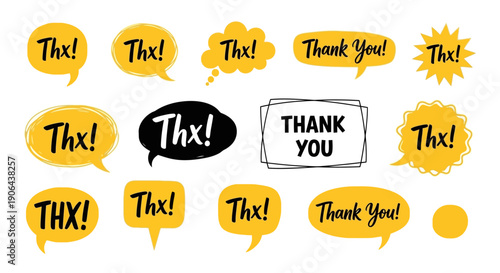 A colorful illustration of various thank you speech bubbles and signs on a white background with multiple expressions of gratitude.