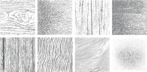 Eight distinct grey and white textured patterns resembling wood grain and abstract line