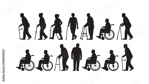   
  
Silhouettes of elderly individuals in various postures and mobility aids, including walkers, canes, and wheelchairs, arranged in rows to represent aging and diverse physical conditions.
