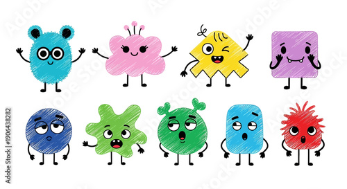 Colorful cartoon characters with various shapes and expressions are dancing.