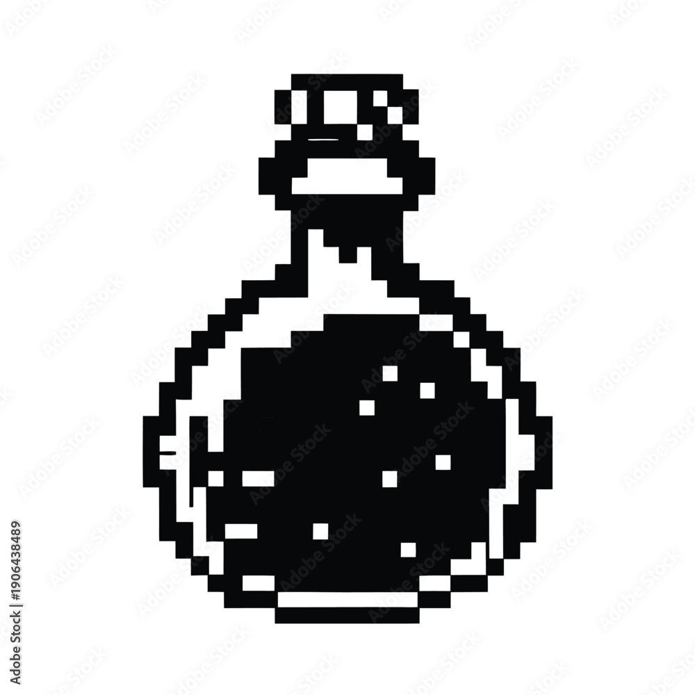 Obraz premium Black and White Pixel Art Potion Bottle Icon, Retro 8-bit Style Magic Flask Silhouette