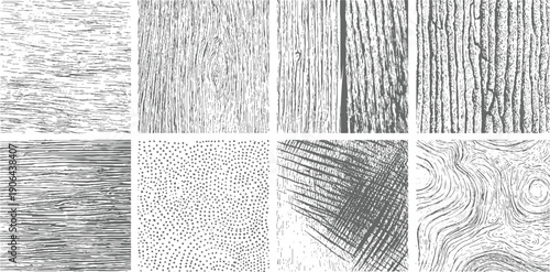 Eight distinct monochrome textures resembling wood grain patterns and abstract line