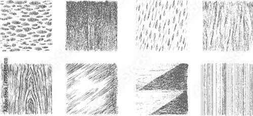 Eight textured grey patterns including wood grain pebbles and rain strokes background abstract