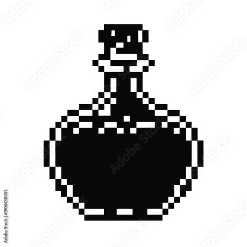 Pixel Art Magic Potion Bottle Silhouette, Black and White Retro Game Asset Vector Illustration