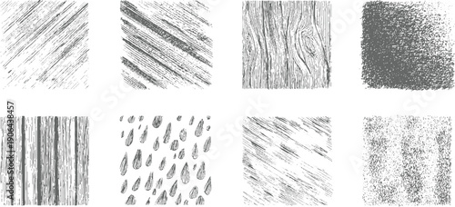Eight textured grey abstract patterns including diagonal lines wood grain and raindrops grunge