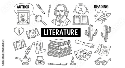 An illustration depicts a literature scene with author, books, and reading accessories.