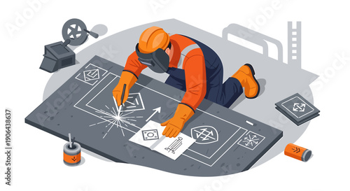 Construction worker drawing blueprints on a large tablet.