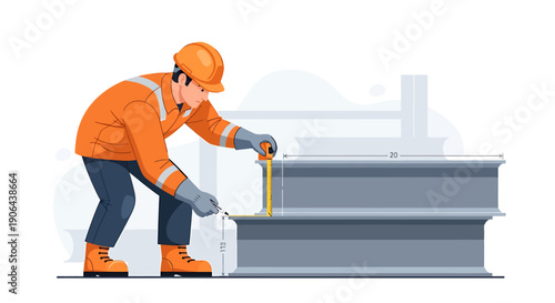 Construction worker measures metal beam with tape measure safety gear.