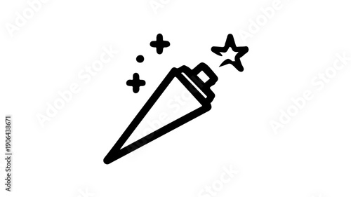 Minimalist black line icon of a piping bag with magic sparkles and stars symbolizing baking and creativity