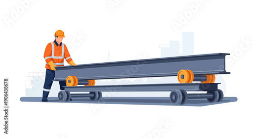 Construction worker moves heavy steel beam on industrial cart.