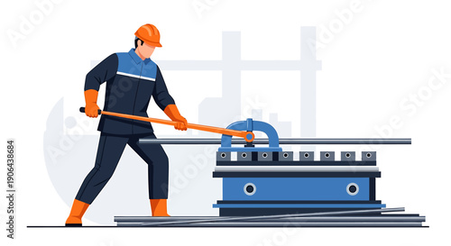 Construction worker operating a metal bending machine for industrial work.