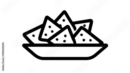 A minimalist black line icon of a plate of chilaquiles a traditional mexican dish on a clean white background representing food and cuisine