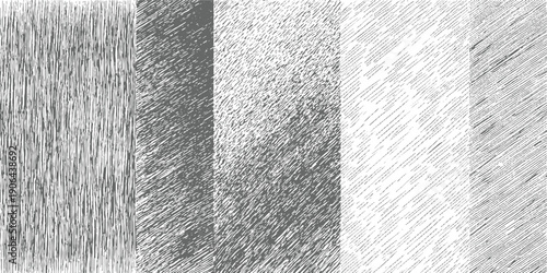 Five vertical bands of grey scale hatching textures with varying line density and direction abstract