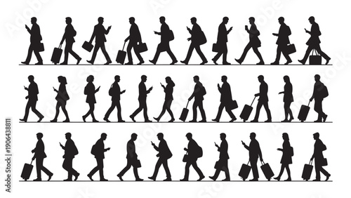 Silhouettes of people walking in rows, carrying bags and luggage, side profile view, representing travel and commuting activity.