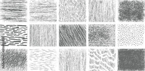 Collection of fifteen distinct grey and white textured patterns including horizontal lines vertical lines dots and scribbles