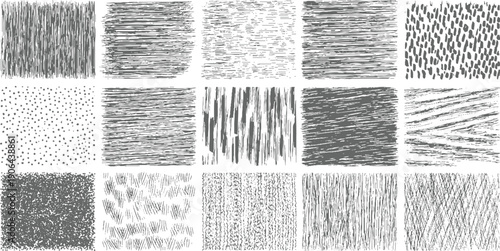Collection of fifteen distinct monochrome abstract textured patterns with varied line and dot arrangements