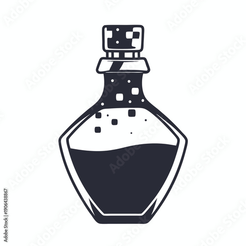Simple Pixelated Potion Bottle Icon, Black and White Two-Color Magic Game Asset